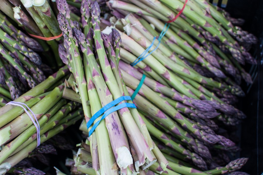 bunches of asparagus with colorful rubber bands 