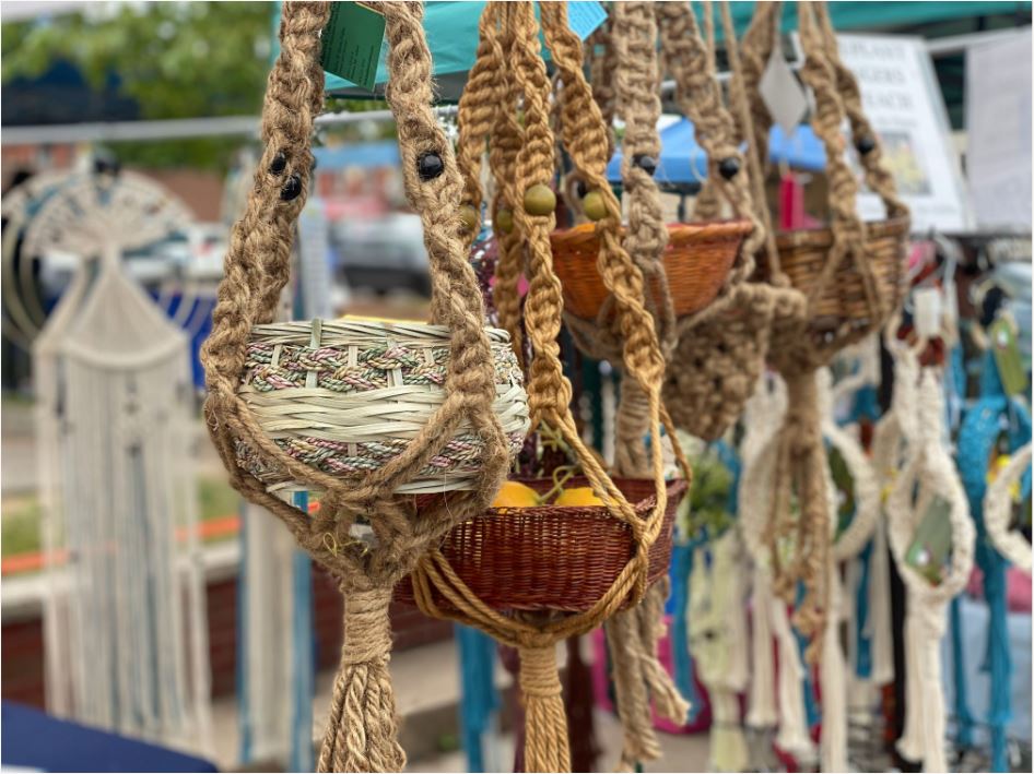 Macrame hanging baskets at the Marquette Farmers Market 
